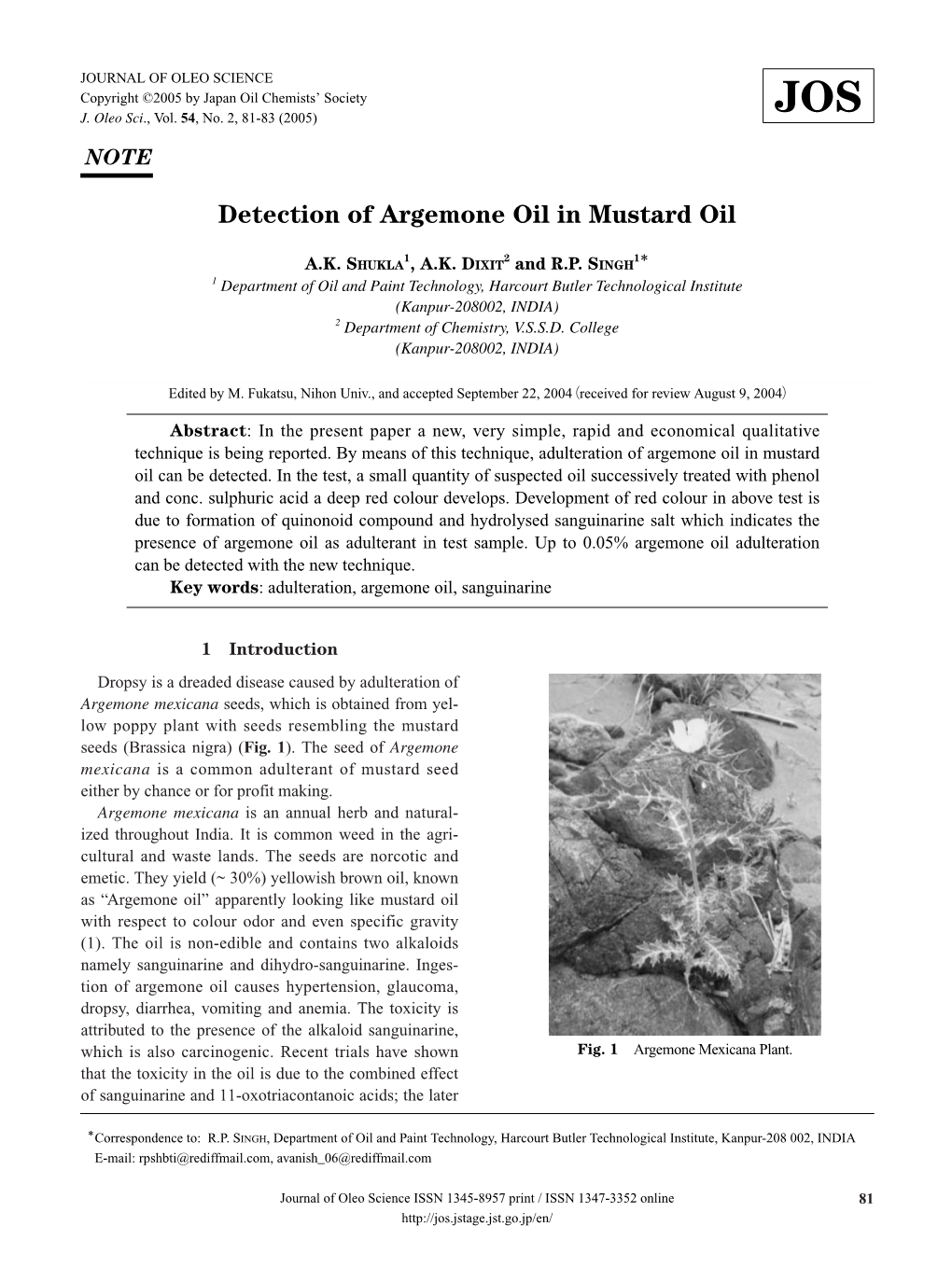 Detection of Argemone Oil in Mustard Oil