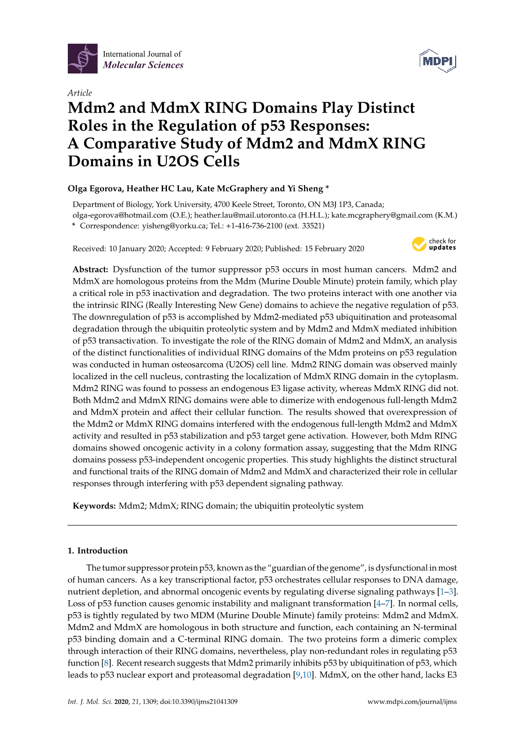 Mdm2 and Mdmx RING Domains Play Distinct Roles in the Regulation of P53 Responses: a Comparative Study of Mdm2 and Mdmx RING Domains in U2OS Cells