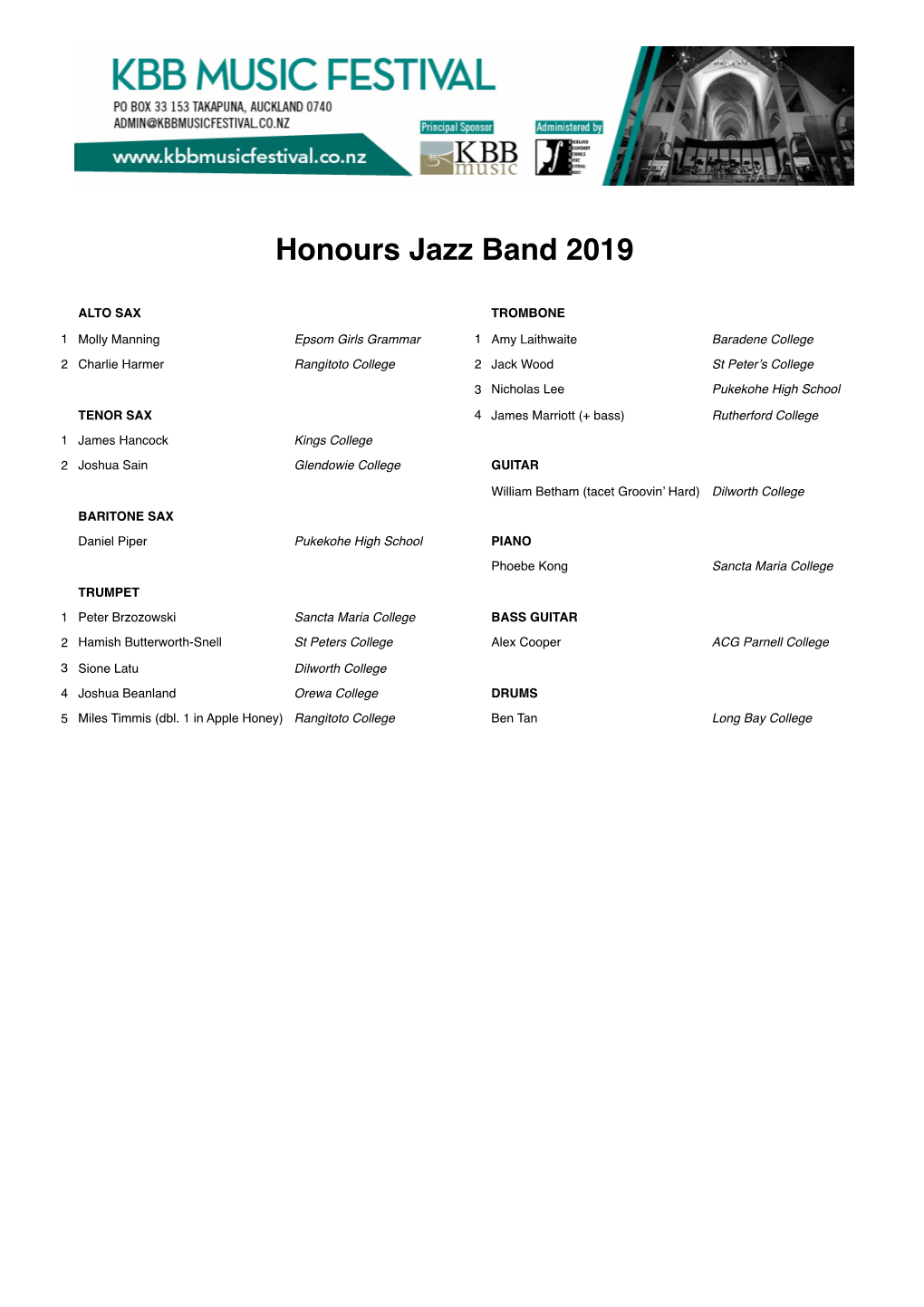 Honours Jazz Band 2019