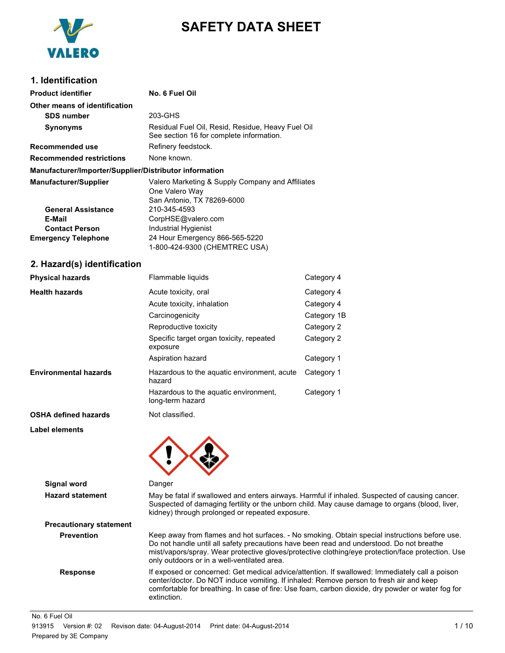 No. 6 Fuel Oil Other Means of Identification SDS Number 203-GHS Synonyms Residual Fuel Oil, Resid, Residue, Heavy Fuel Oil See Section 16 for Complete Information