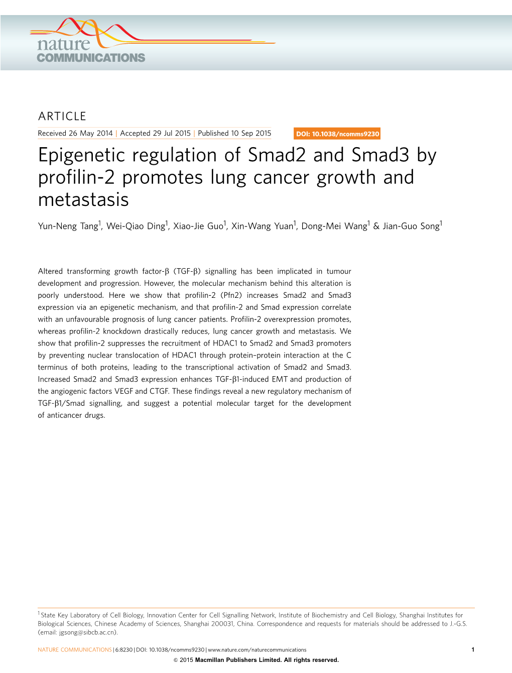 Epigenetic Regulation of Smad2 and Smad3 by Profilin-2 Promotes Lung Cancer Growth and Metastasis