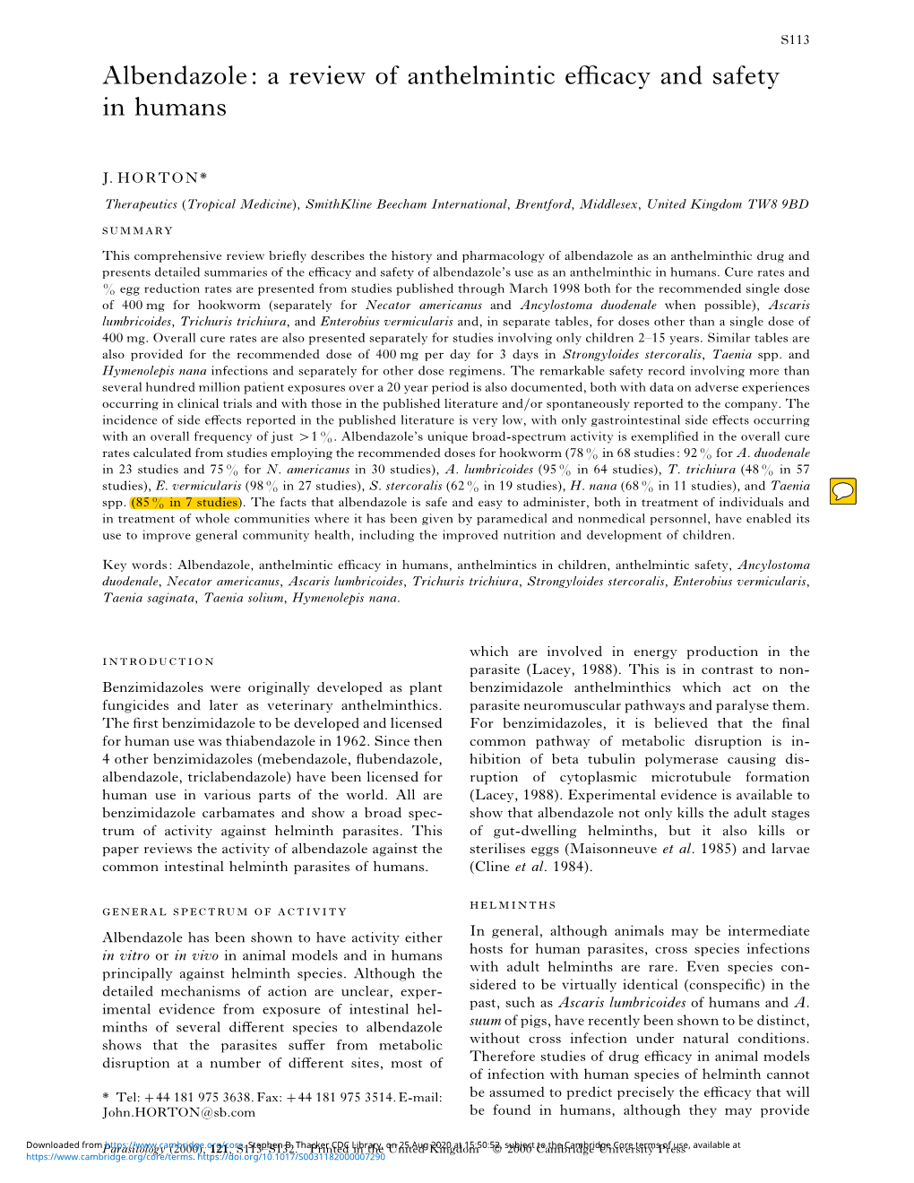 Albendazole: a Review of Anthelmintic Eﬃcacy and Safety in Humans