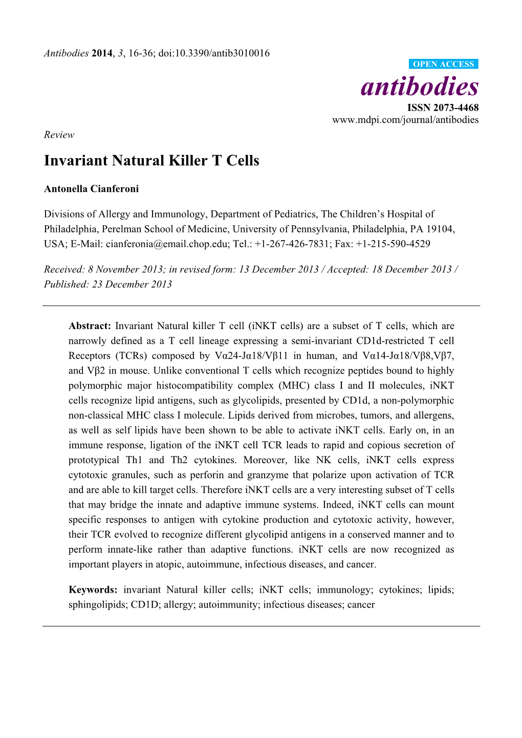Invariant Natural Killer T Cells