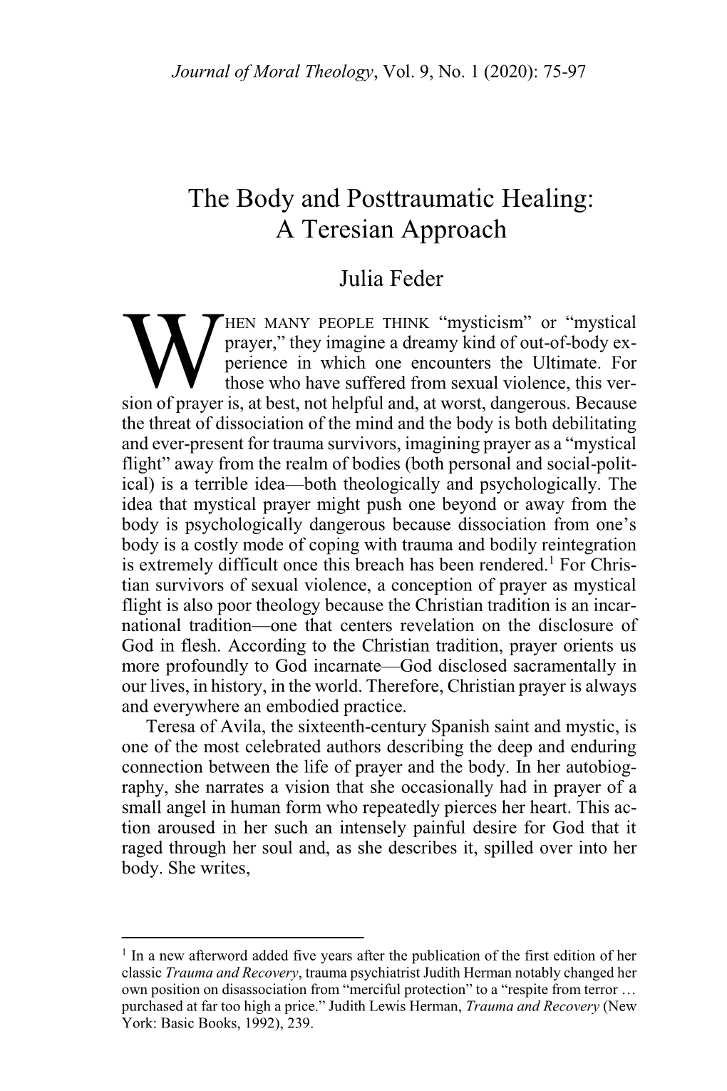 The Body and Posttraumatic Healing: a Teresian Approach