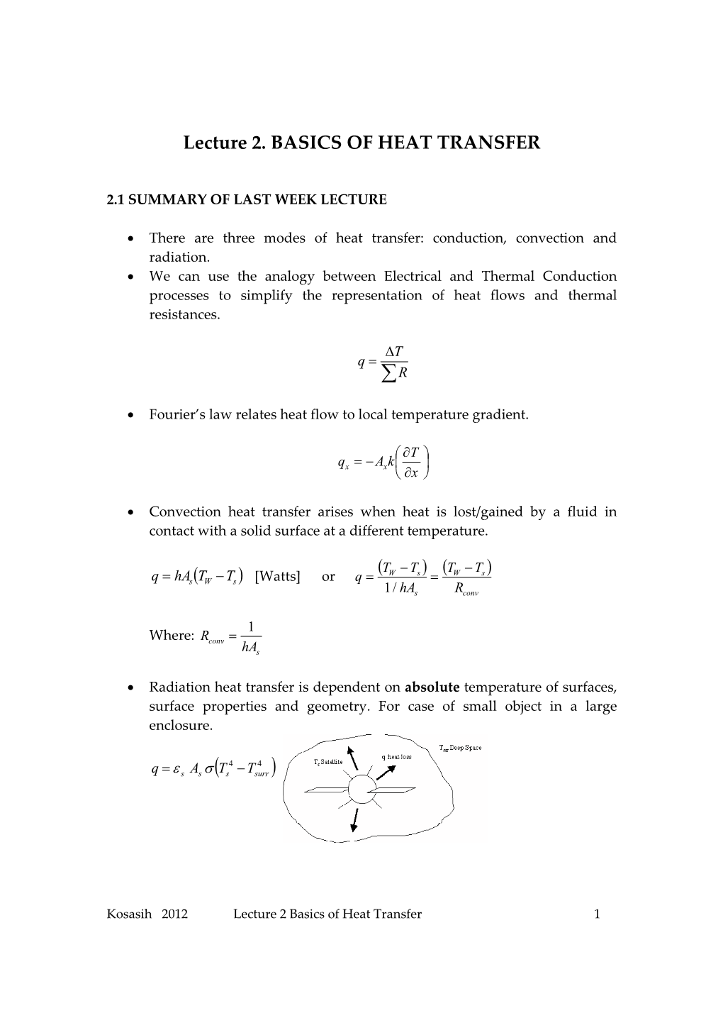 Lecture 2. BASICS of HEAT TRANSFER ( )