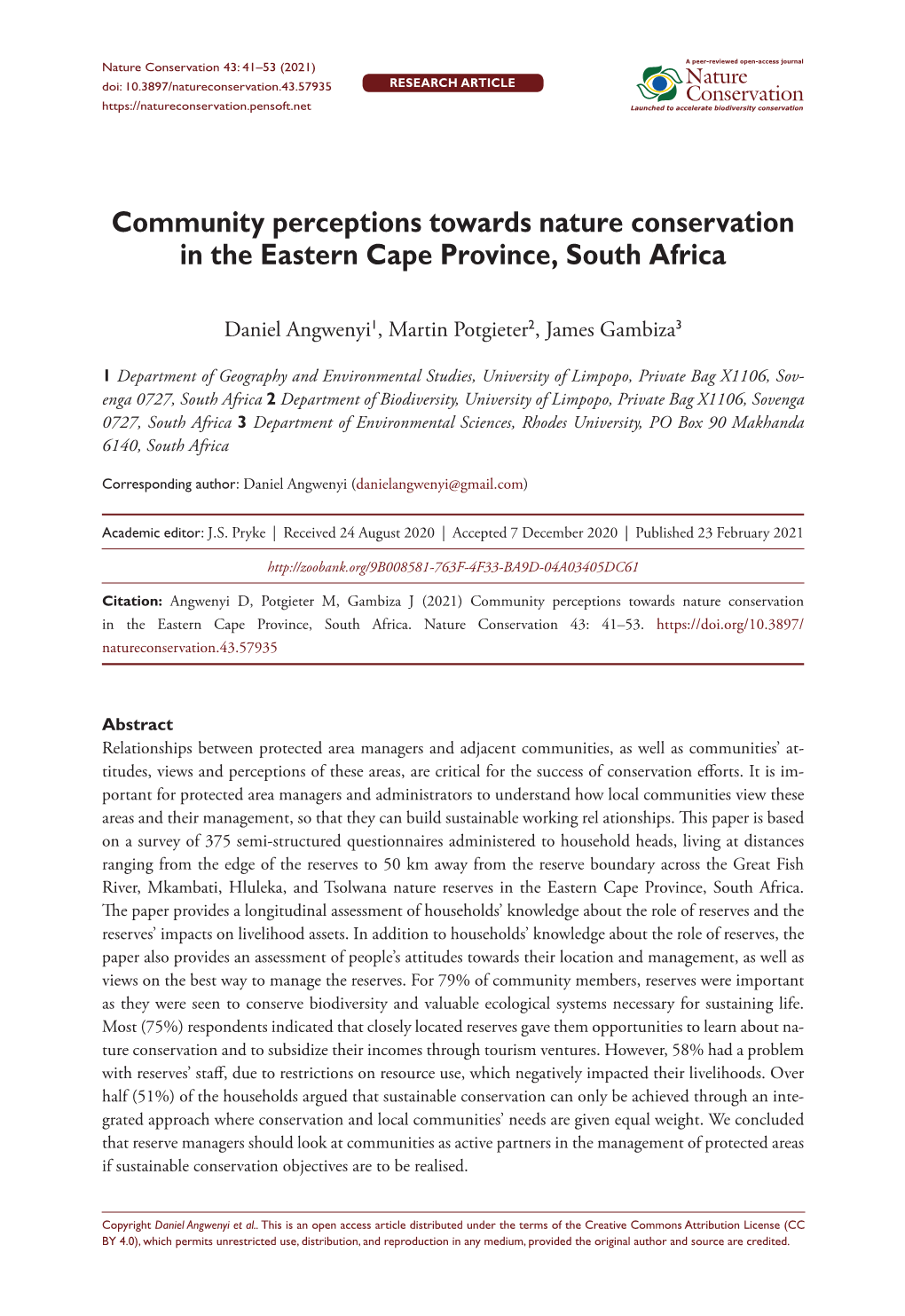 ﻿Community Perceptions Towards Nature Conservation in the Eastern