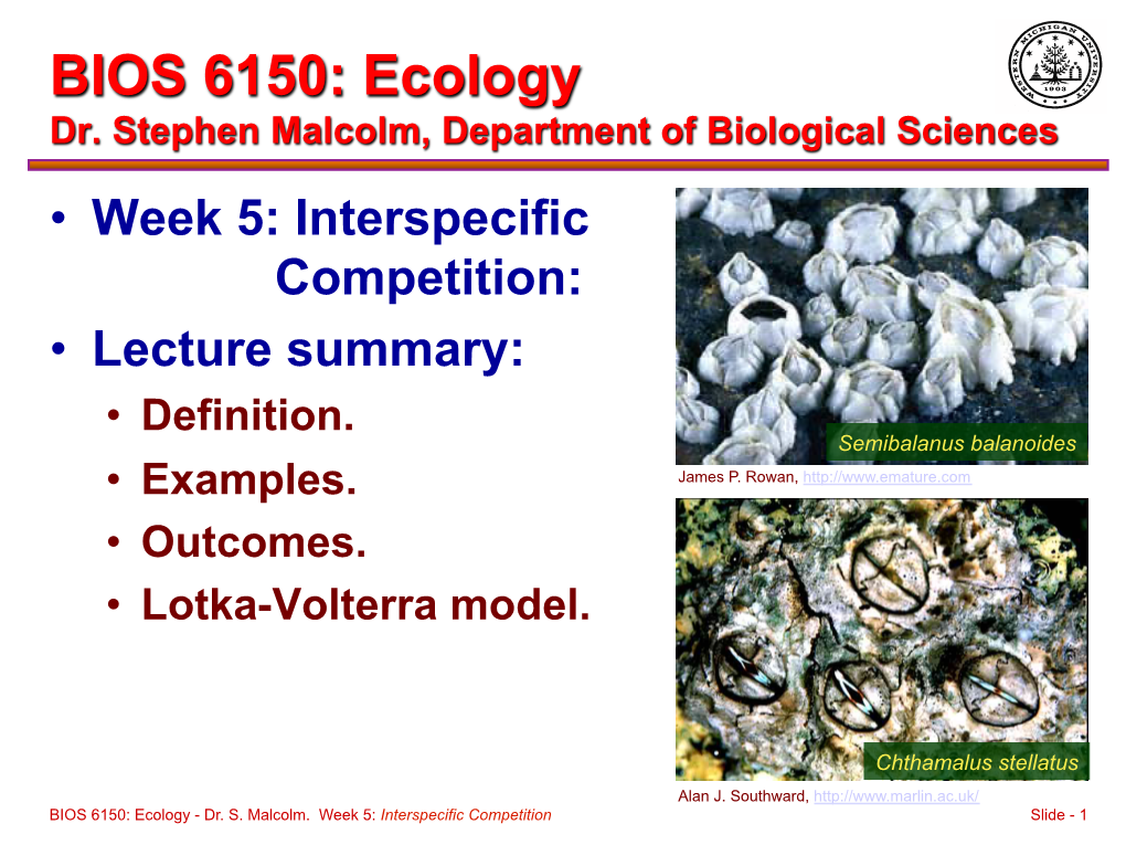 Interspecific Competition: • Lecture Summary: • Definition