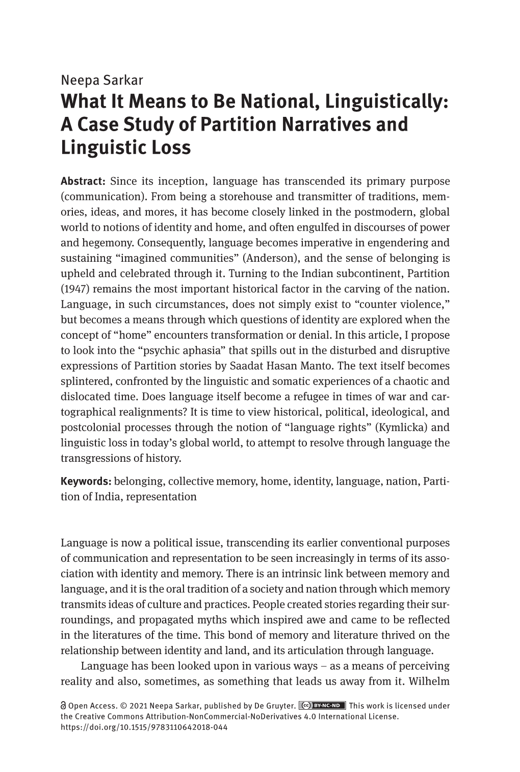 A Case Study of Partition Narratives and Linguistic Loss