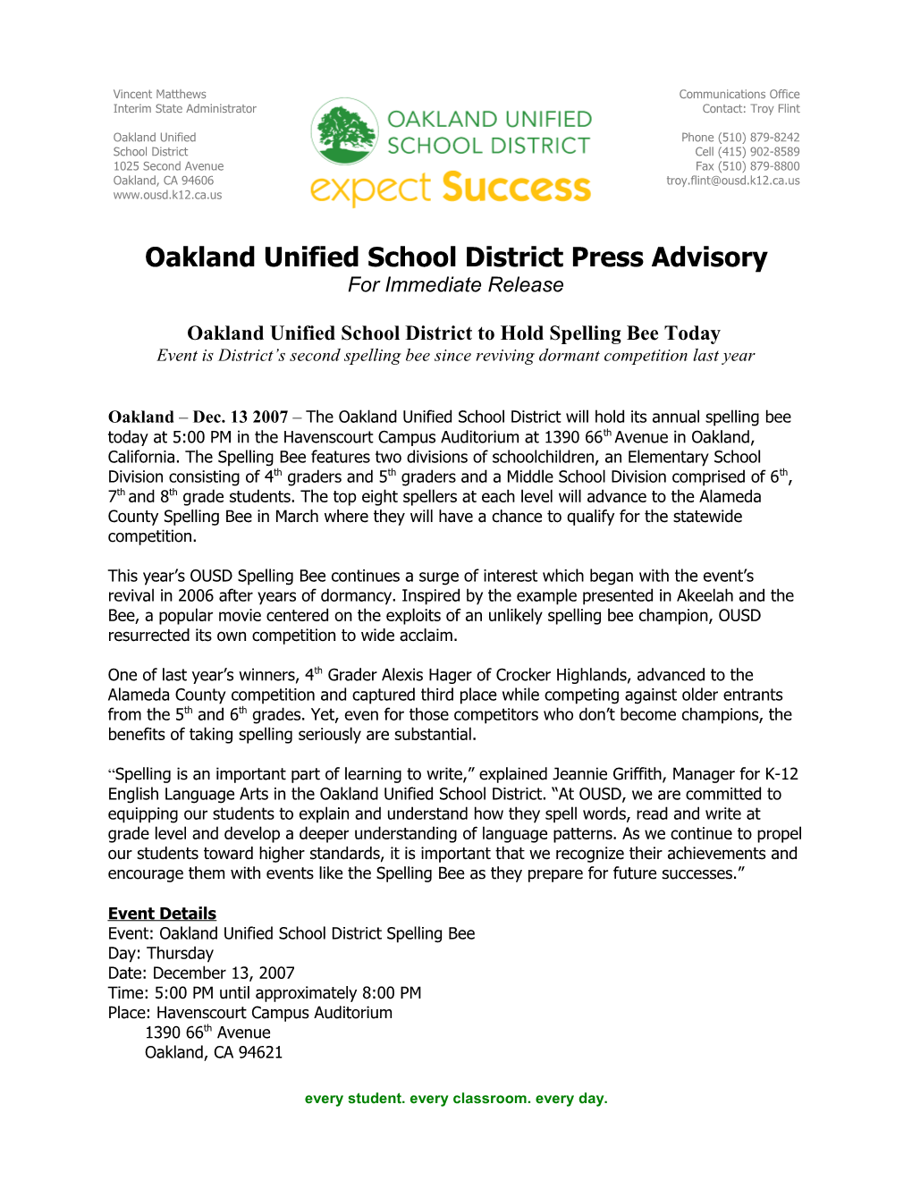 Oakland Unified School District Press Advisory