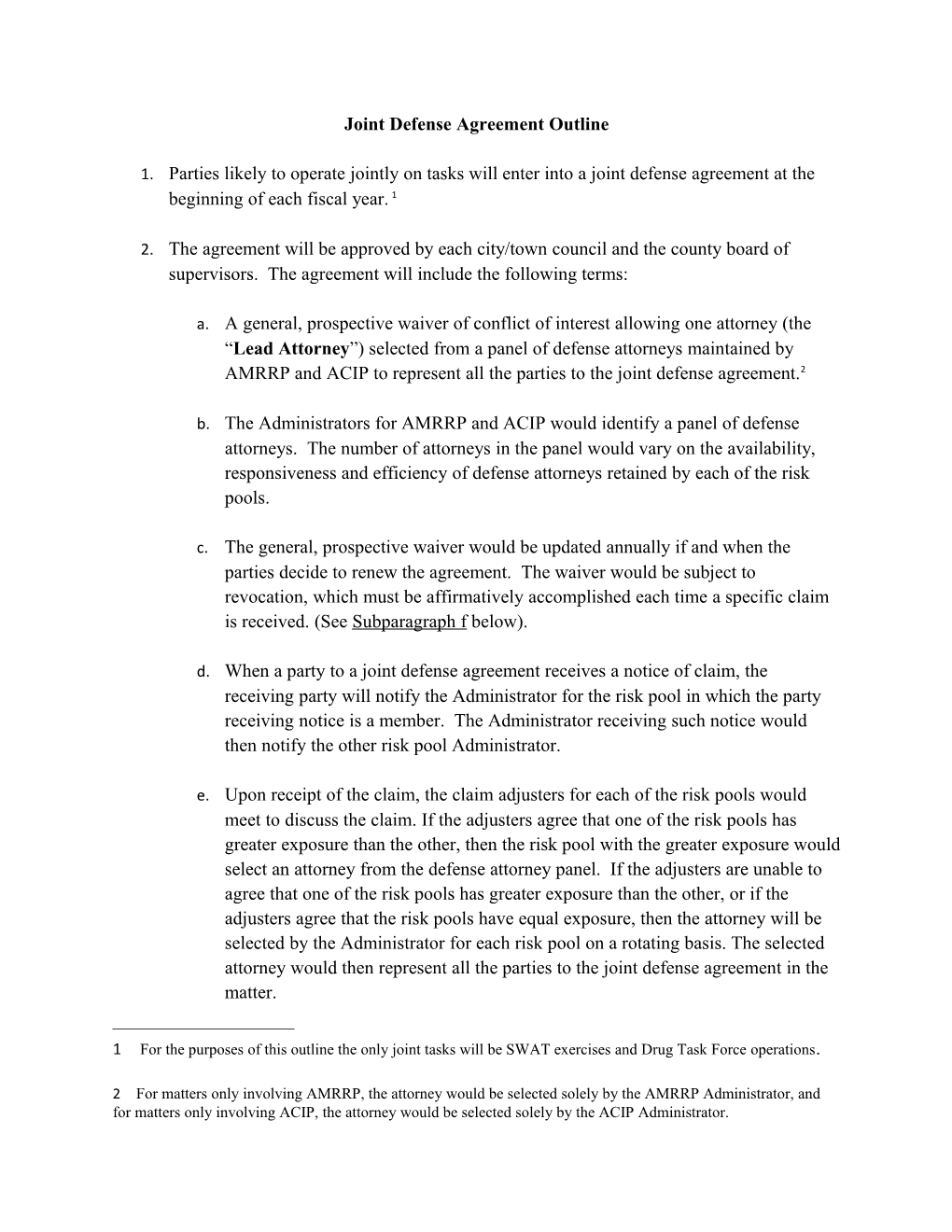 Joint Defense Agreement Outline