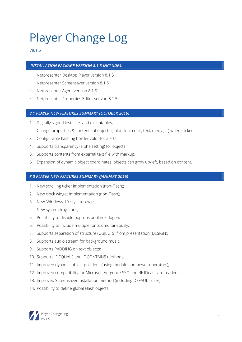 Player Change Log