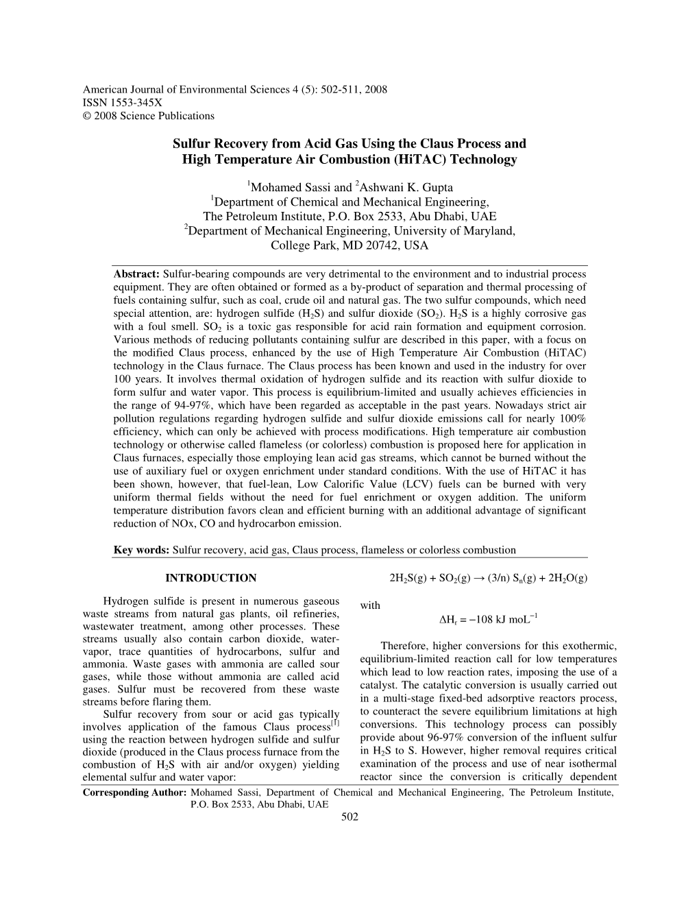 Sulfur Recovery from Acid Gas Using the Claus Process and High Temperature Air Combustion (Hitac) Technology