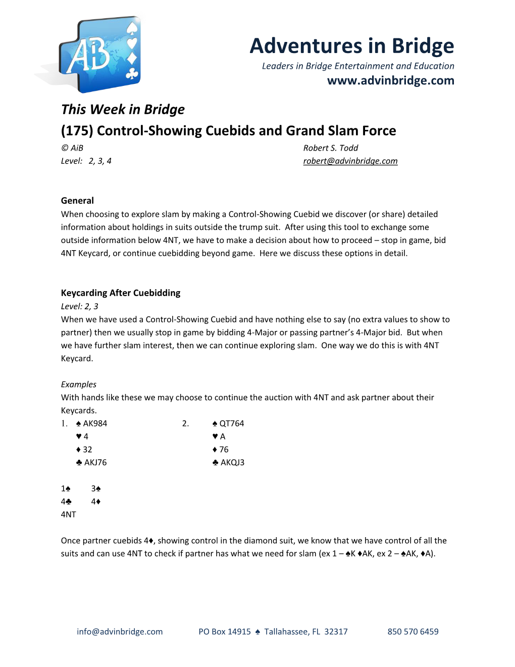 Control-Showing Cuebids and Grand Slam Force © Aib Robert S