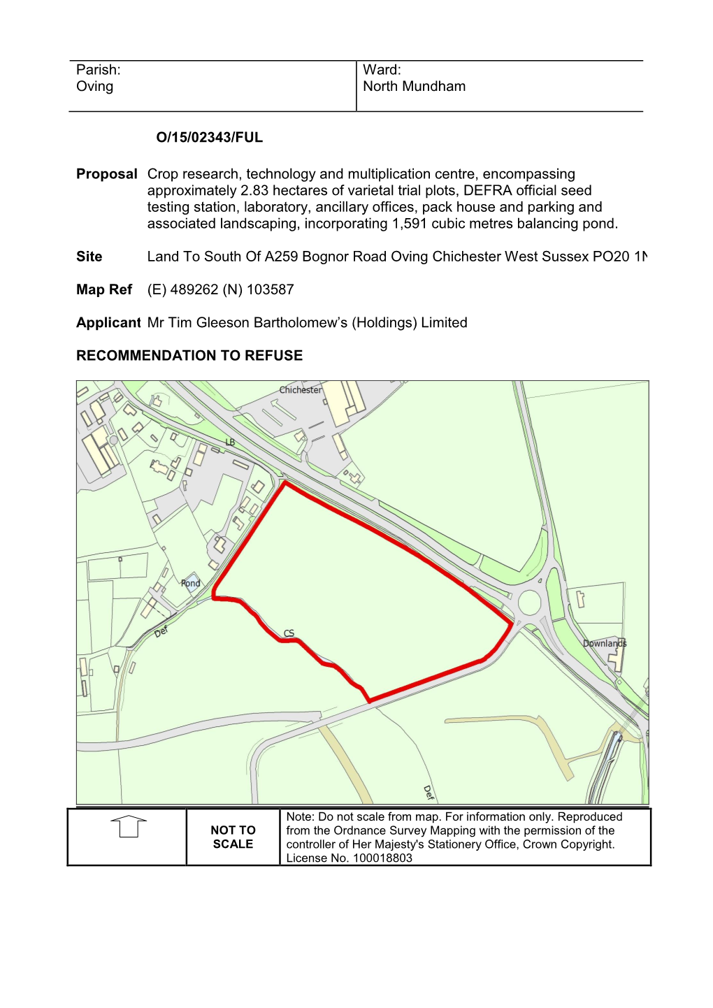 Land to South of A259 Bognor Road Oving Chichester West Sussex PO20 1NW