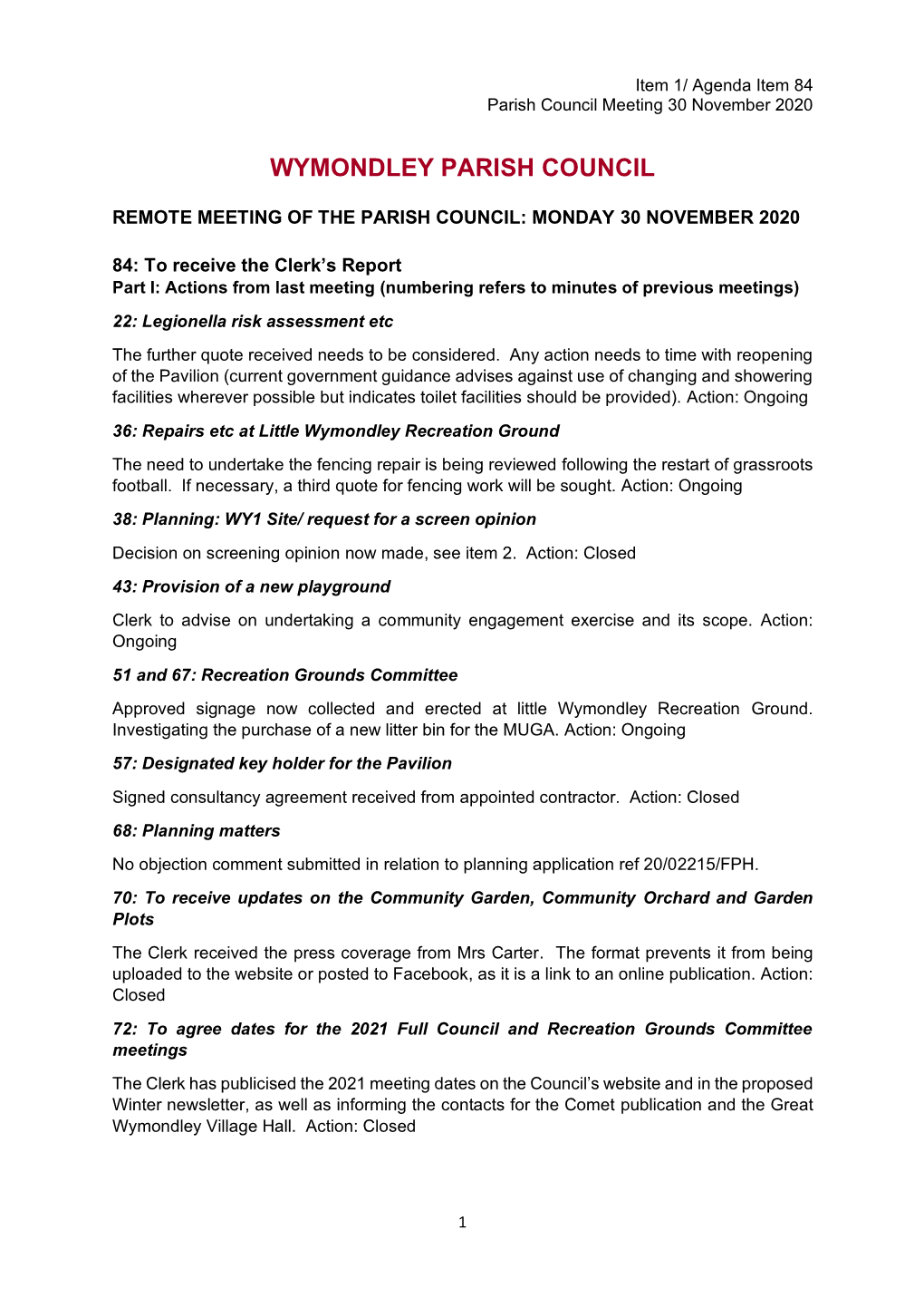 Item 1/ Agenda Item 84 Parish Council Meeting 30 November 2020