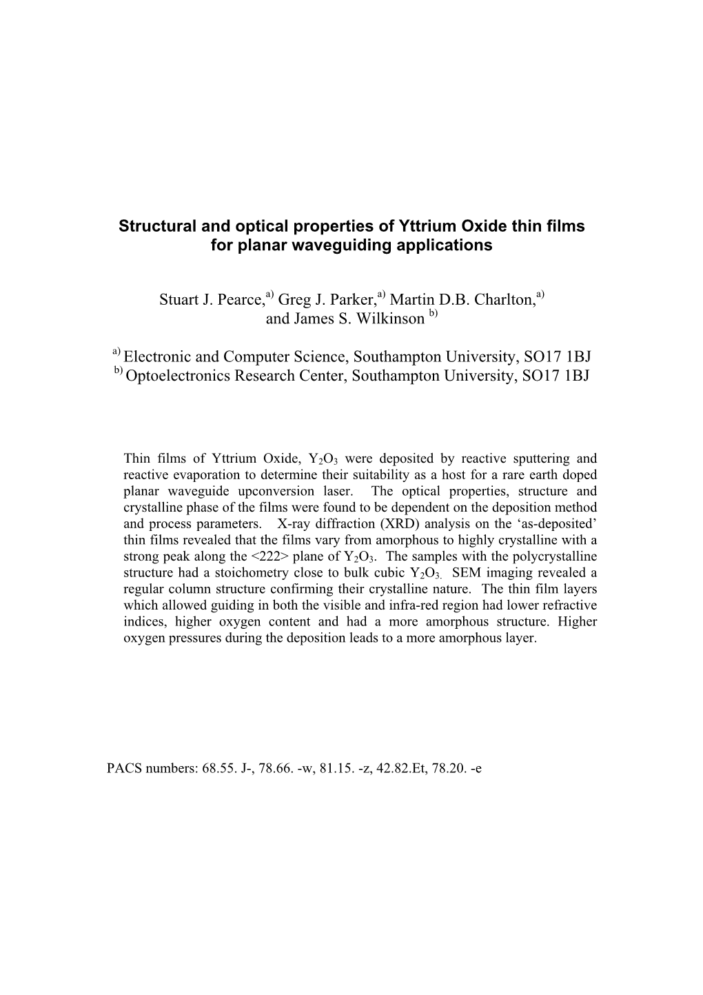 Structural and Optical Properties of Yttrium Oxide Thin Films for Planar Waveguiding Applications