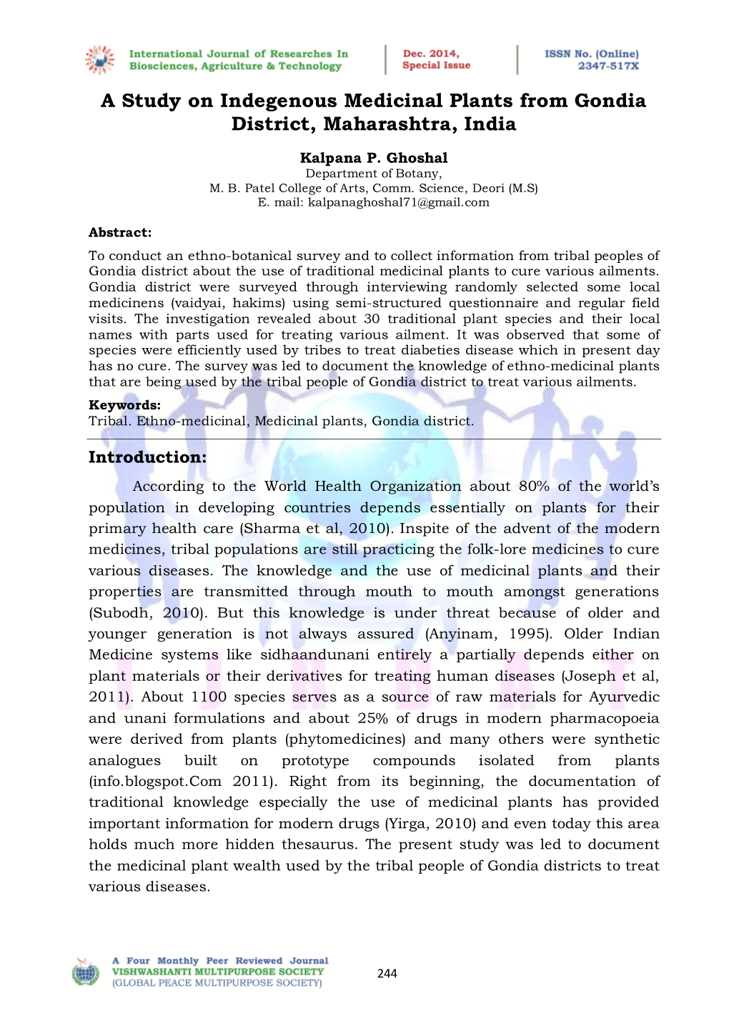 A Study on Indegenous Medicinal Plants from Gondia District, Maharashtra, India