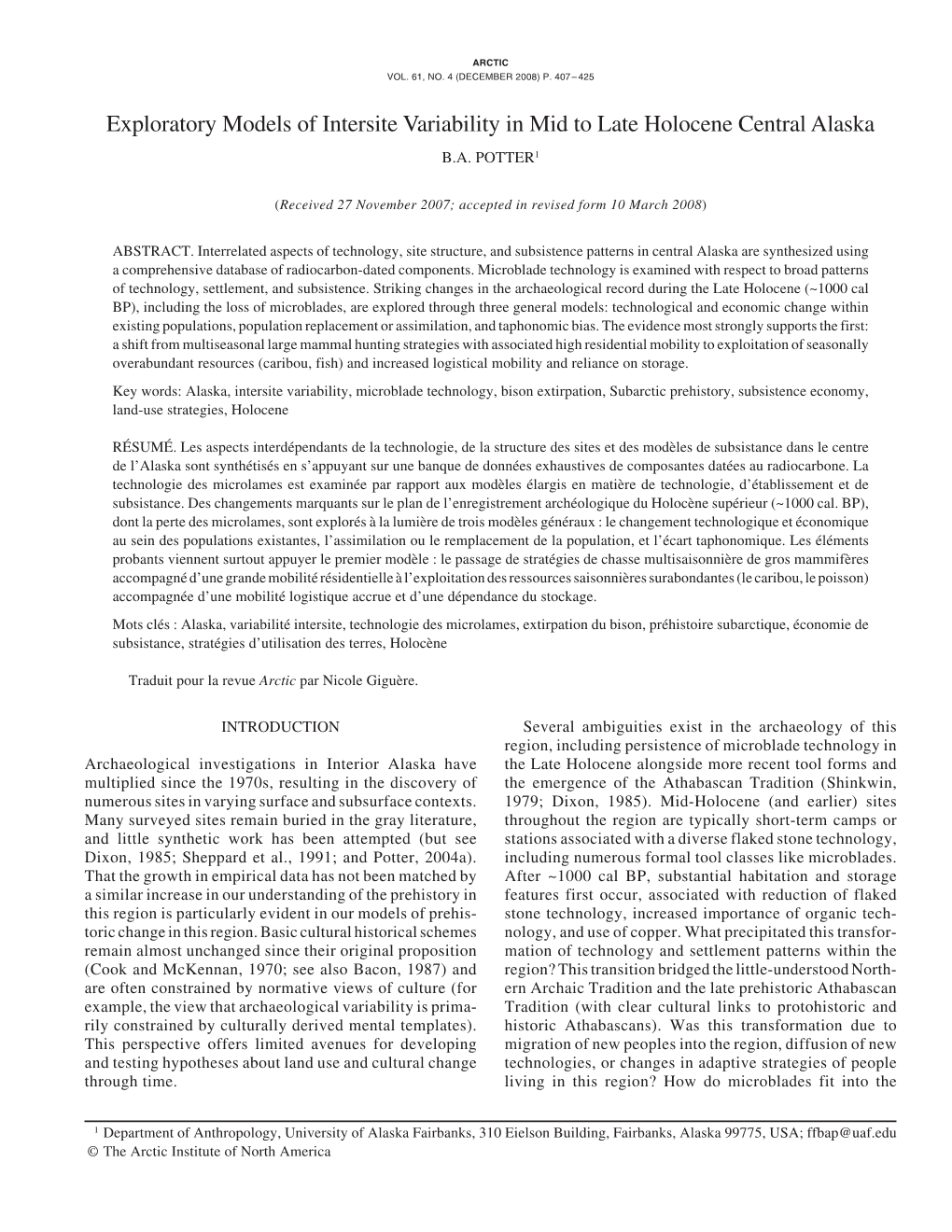 Exploratory Models of Intersite Variability in Mid to Late Holocene Central Alaska B.A