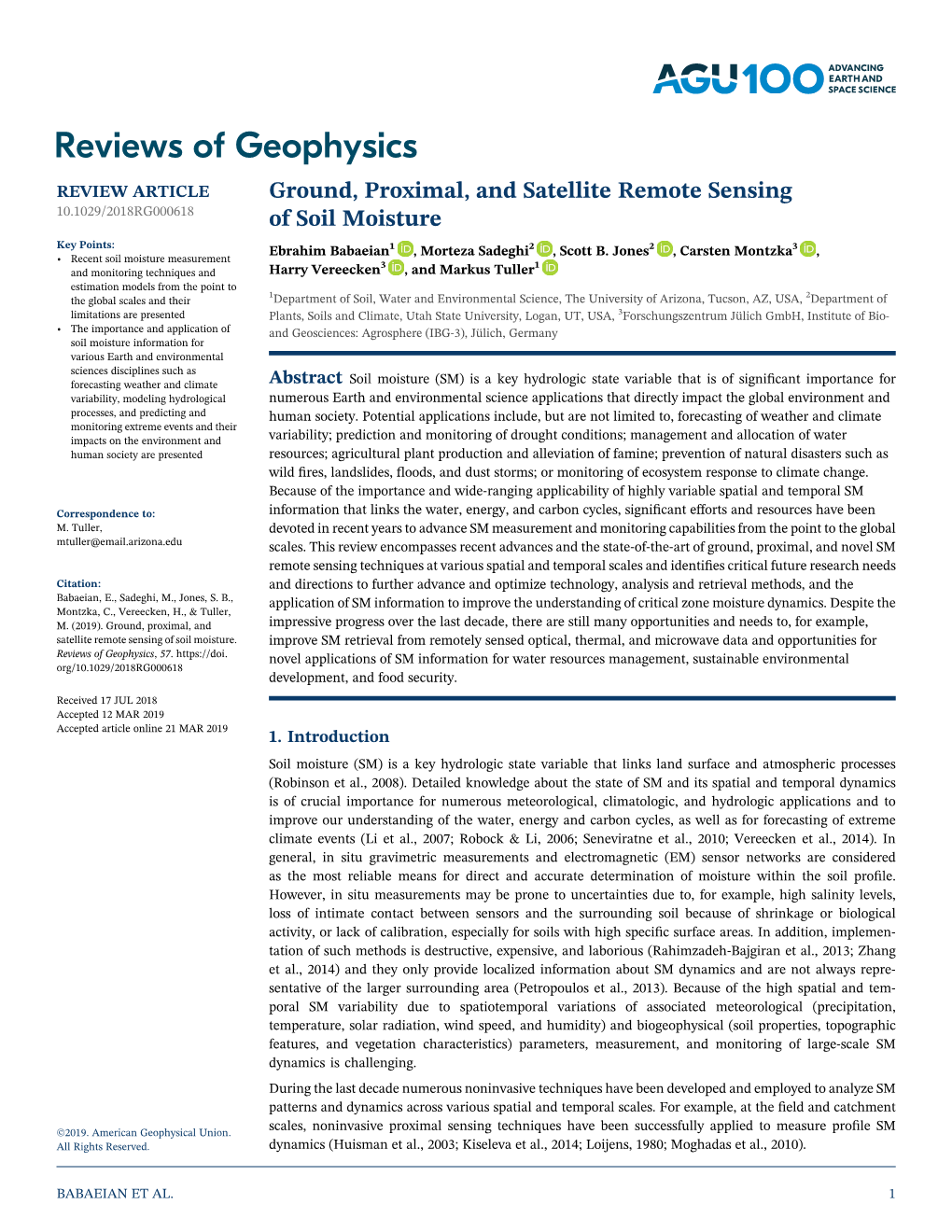 Ground, Proximal, and Satellite Remote Sensing of Soil Moisture