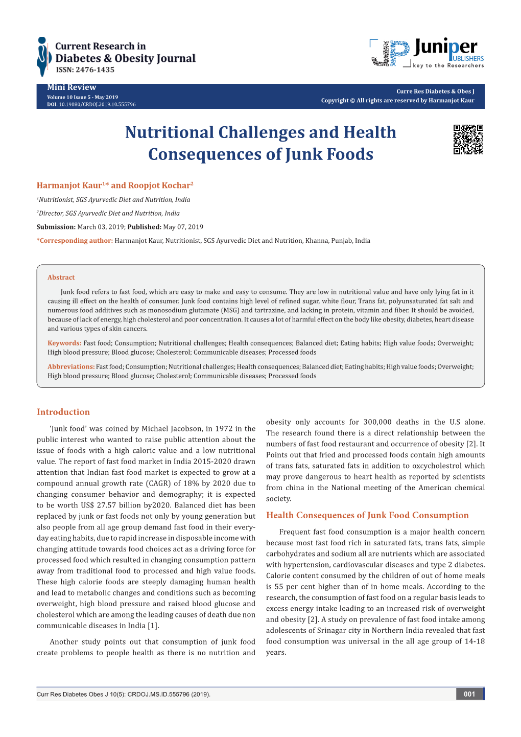 Nutritional Challenges and Health Consequences of Junk Foods