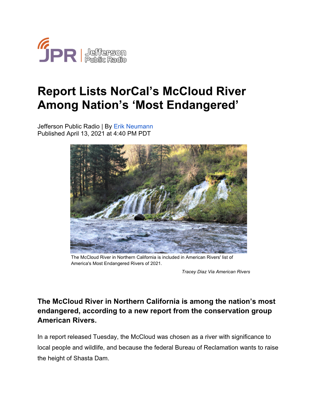 Report Lists Norcal's Mccloud River Among