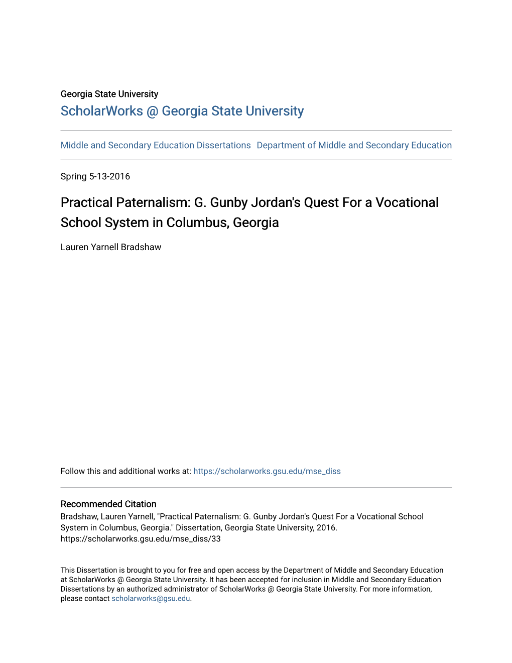 G. Gunby Jordan's Quest for a Vocational School System in Columbus, Georgia