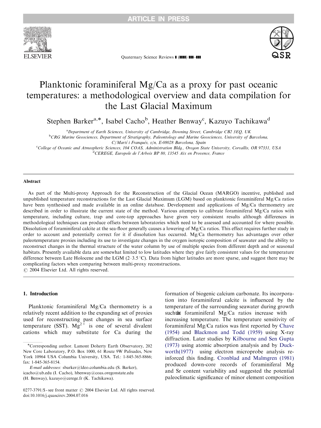 Planktonic Foraminiferal Mg/Ca As a Proxy for Past Oceanic Temperatures: a Methodological Overview and Data Compilation for the Last Glacial Maximum