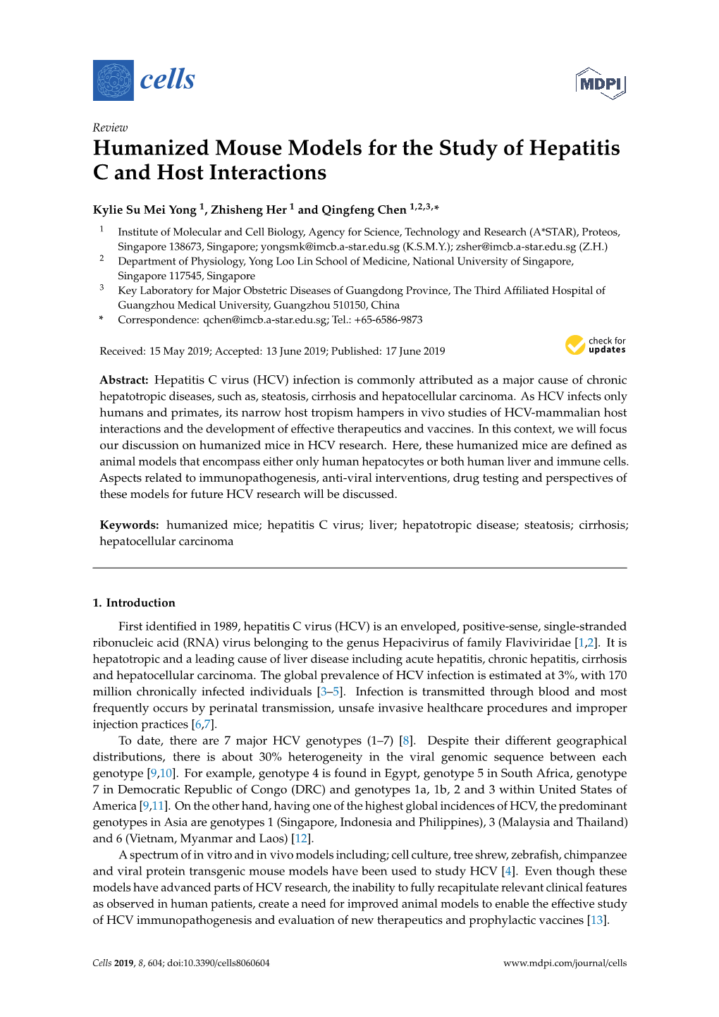 Humanized Mouse Models for the Study of Hepatitis C and Host Interactions