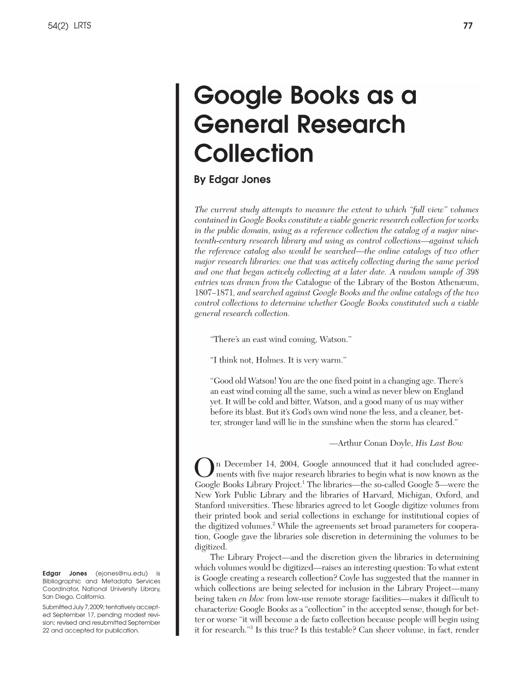 Google Books As a General Research Collection by Edgar Jones