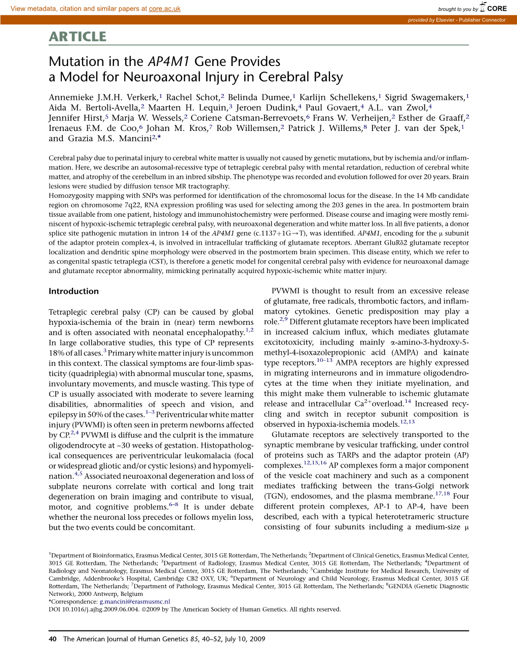 Mutation in the AP4M1 Gene Provides a Model for Neuroaxonal Injury in Cerebral Palsy