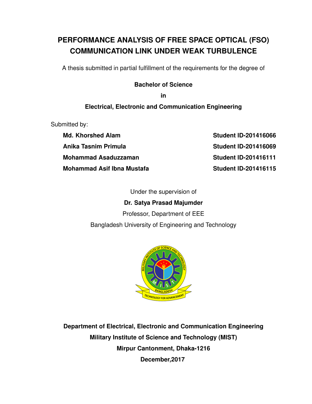 (Fso) Communication Link Under Weak Turbulence