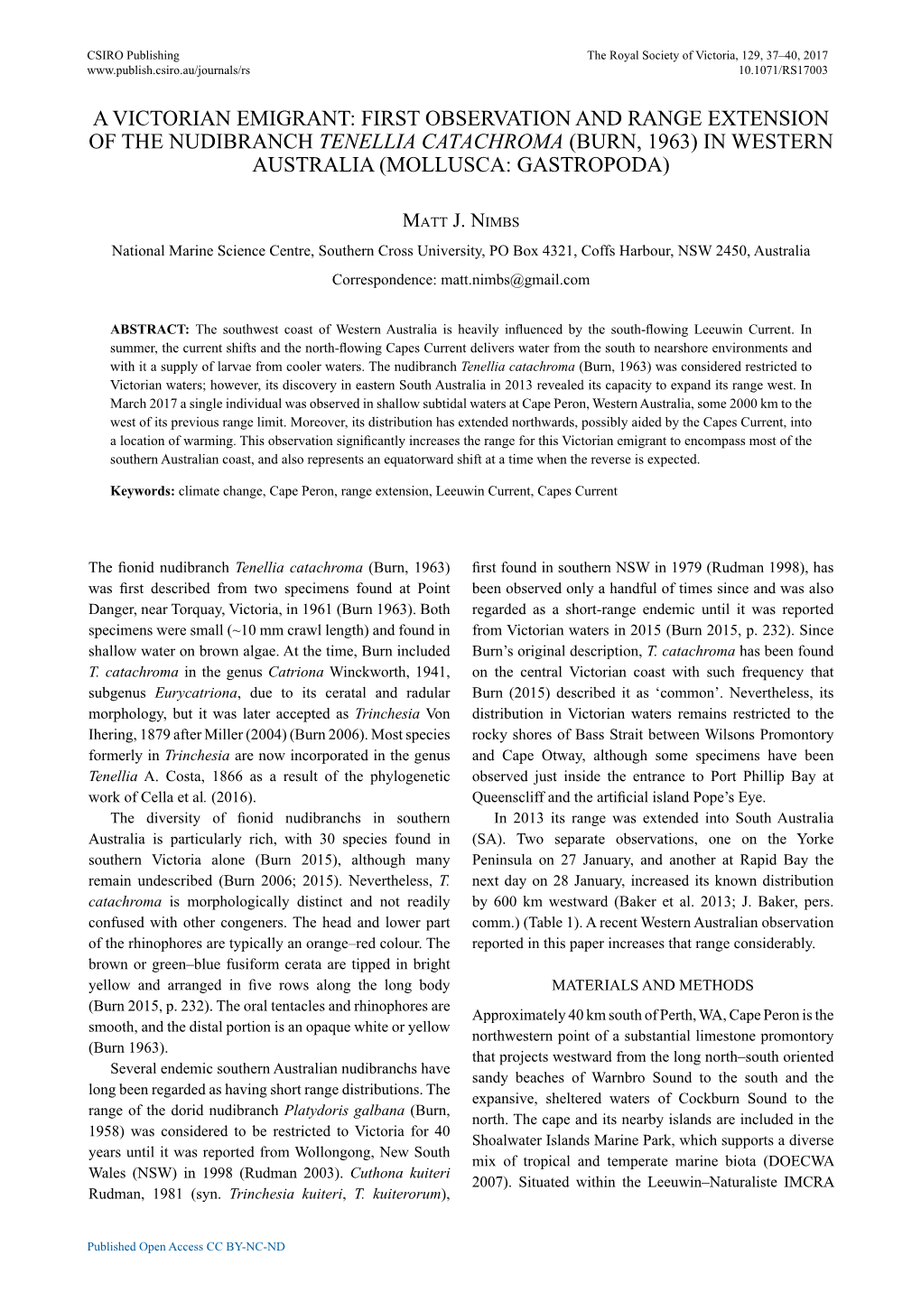 First Observation and Range Extension of the Nudibranch Tenellia Catachroma (Burn, 1963) in Western Australia (Mollusca: Gastropoda)