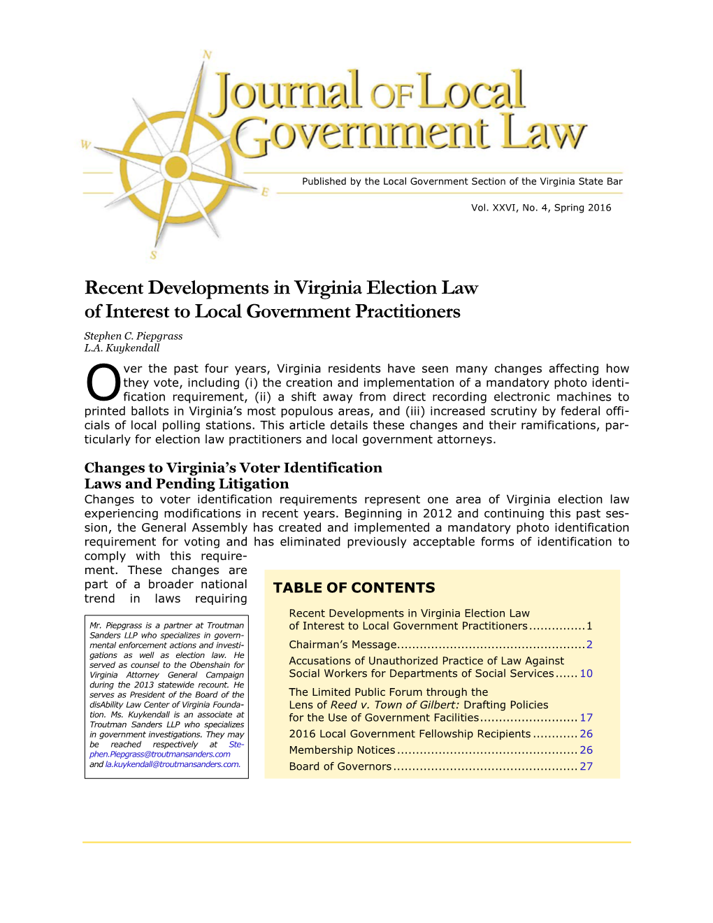 Recent Developments in Virginia Election Law of Interest to Local Government Practitioners Stephen C