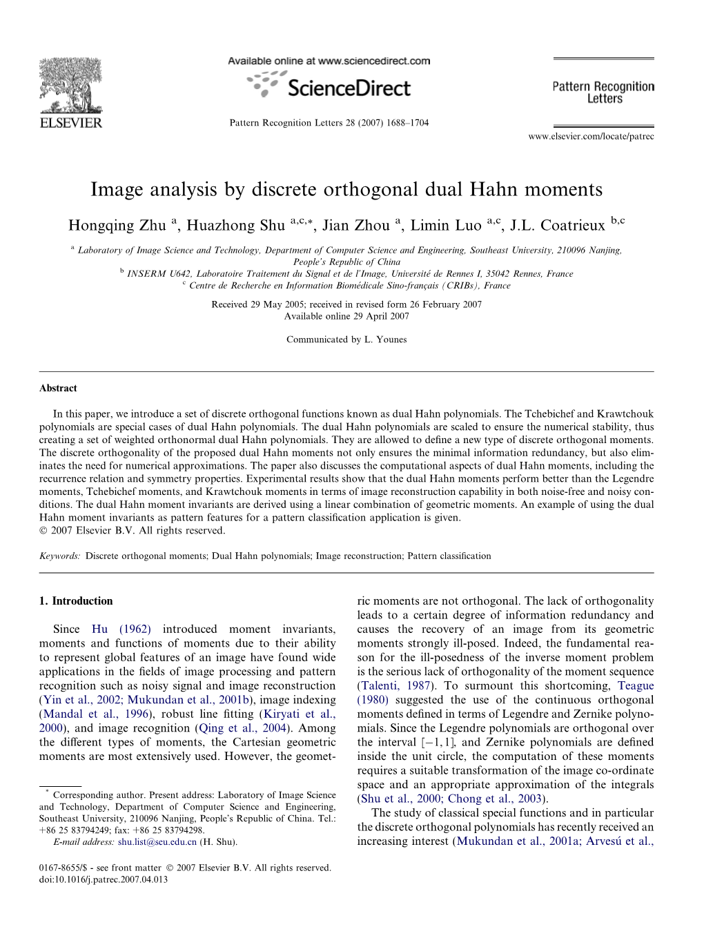 Image Analysis by Discrete Orthogonal Dual Hahn Moments