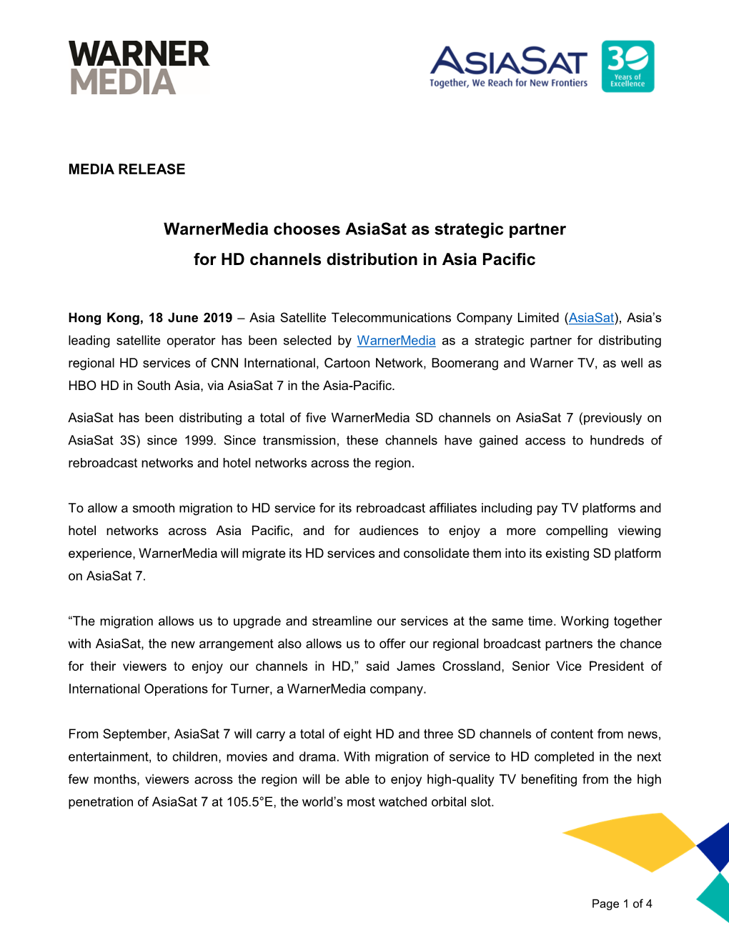 Warnermedia Chooses Asiasat As Strategic Partner for HD Channels Distribution in Asia Pacific