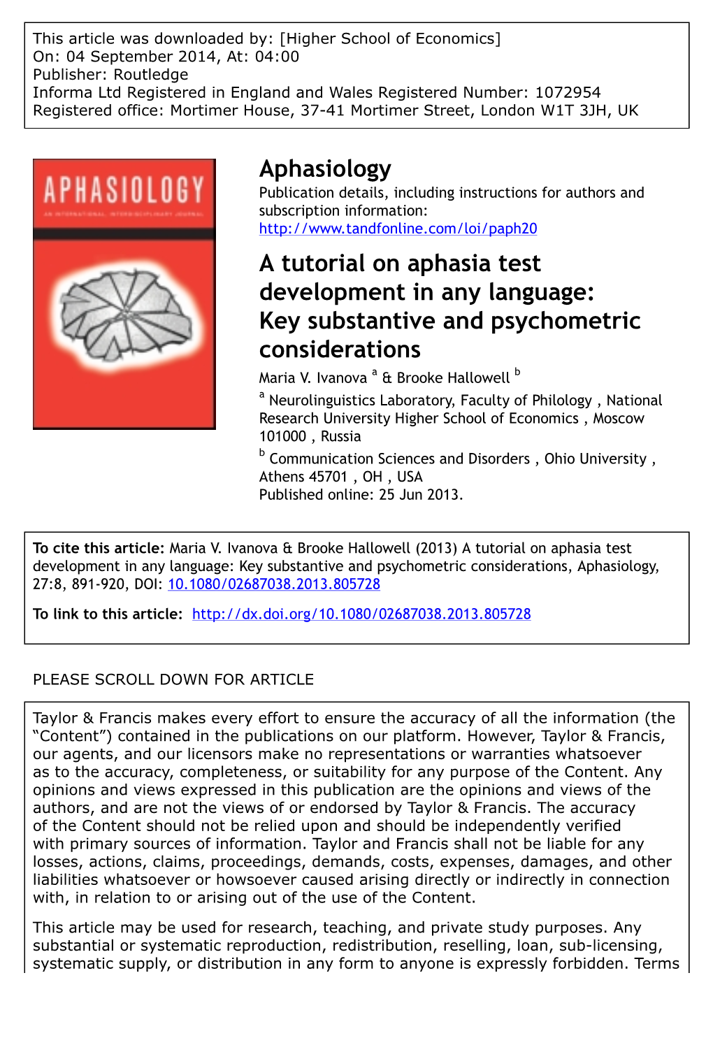 Aphasiology a Tutorial on Aphasia Test