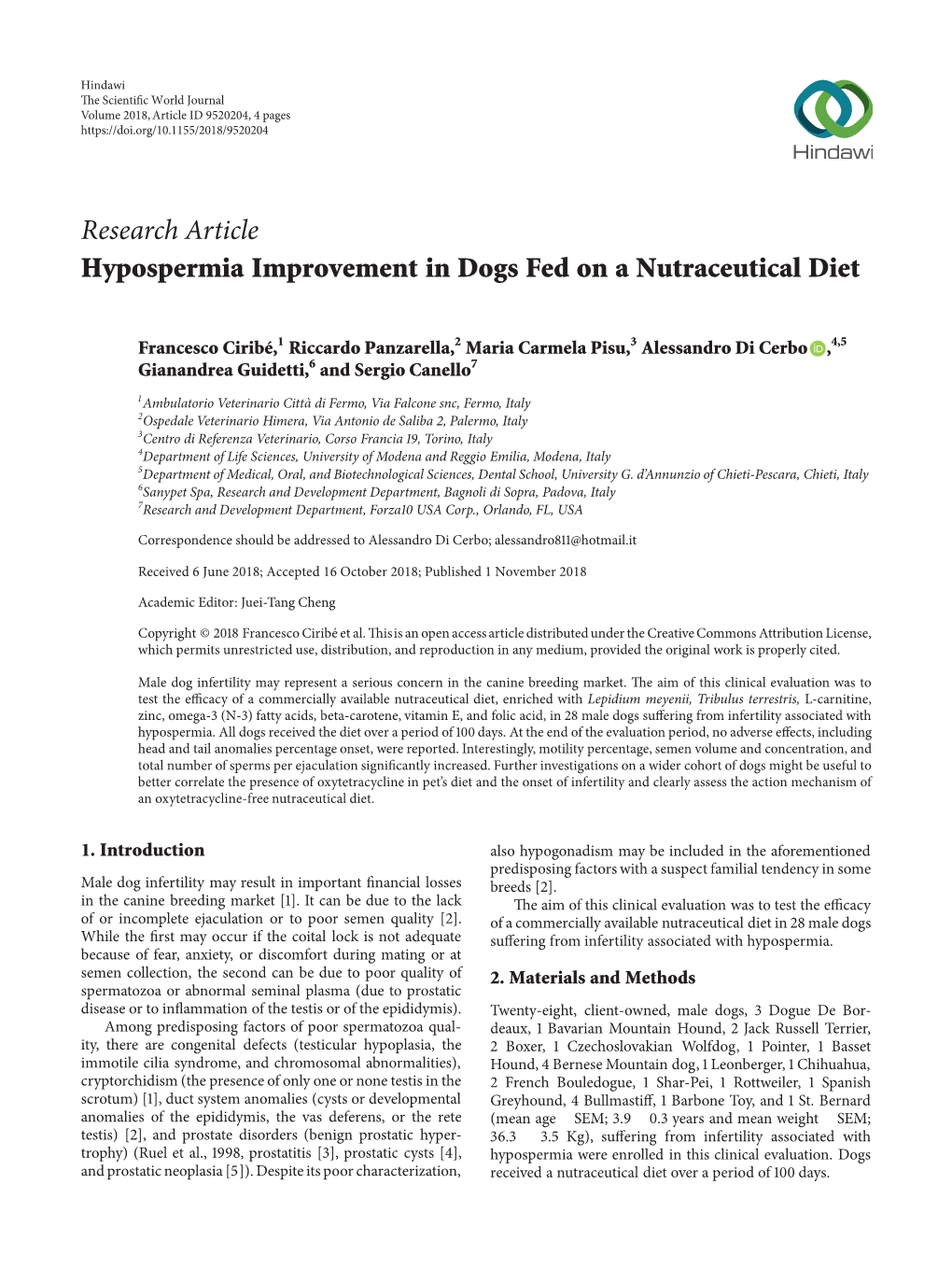 Hypospermia Improvement in Dogs Fed on a Nutraceutical Diet