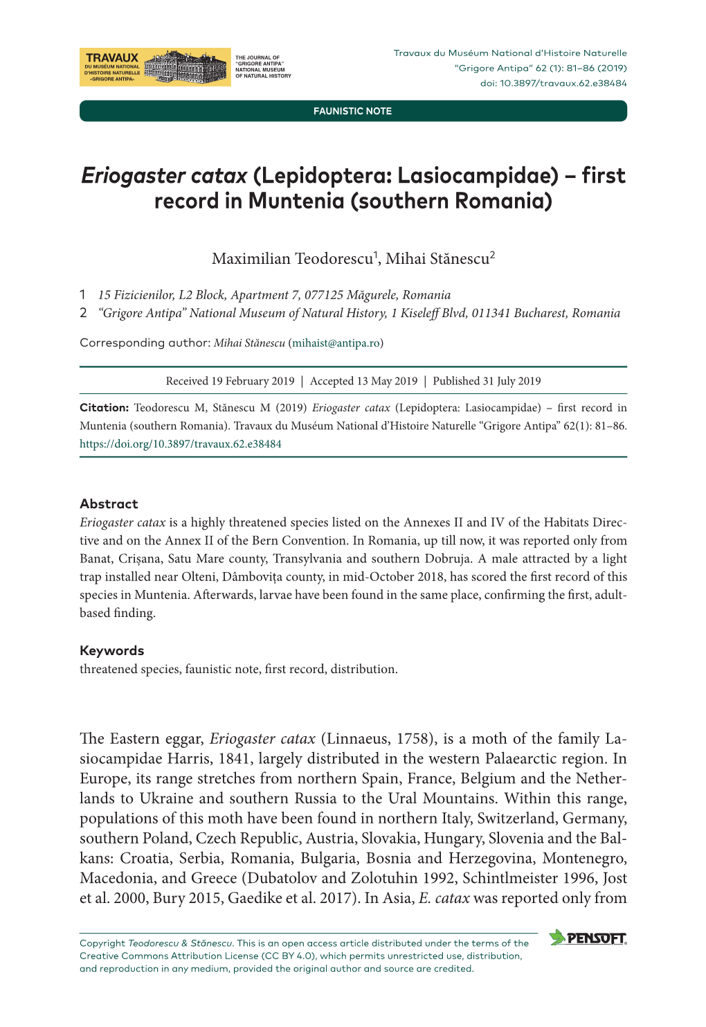 Eriogaster Catax (Lepidoptera: Lasiocampidae) – First Record in Muntenia (Southern Romania)