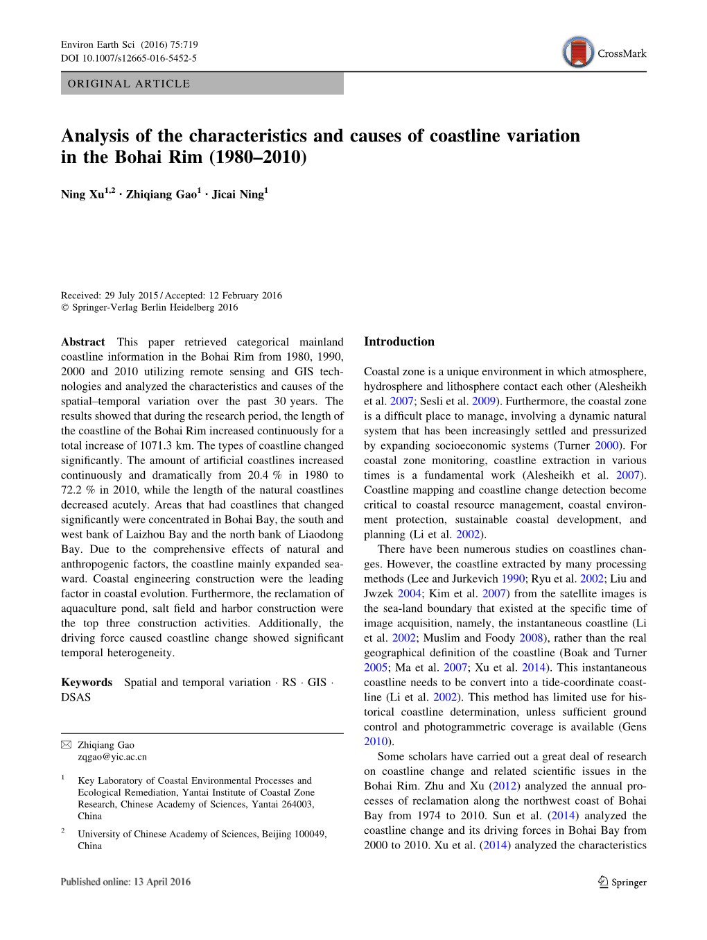 Analysis of the Characteristics and Causes of Coastline Variation in the Bohai Rim (1980–2010)