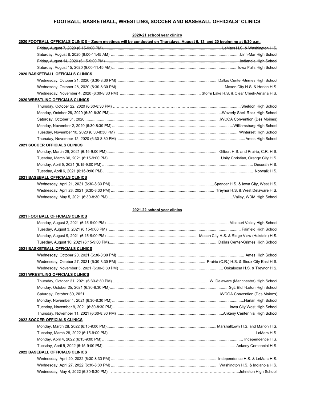 Football, Basketball, Wrestling, Soccer and Baseball Officials’ Clinics