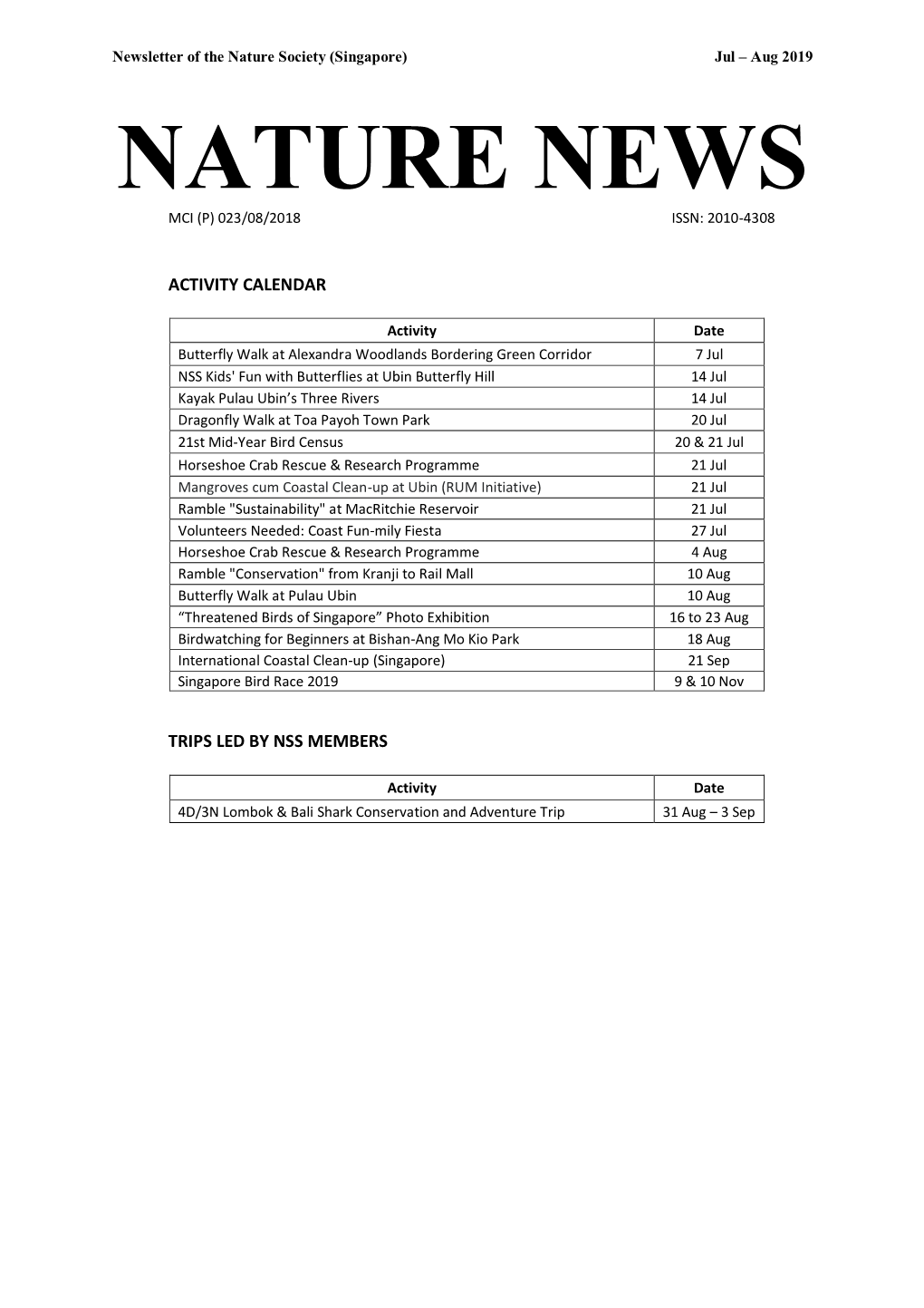 Nature News Mci (P) 023/08/2018 Issn: 2010-4308