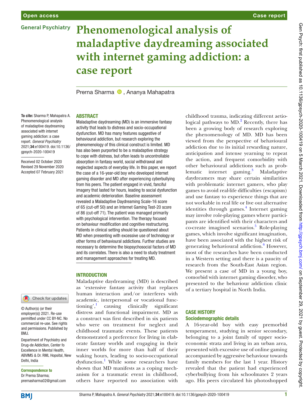 Phenomenological Analysis of Maladaptive Daydreaming Associated with Internet Gaming Addiction: a Case Report