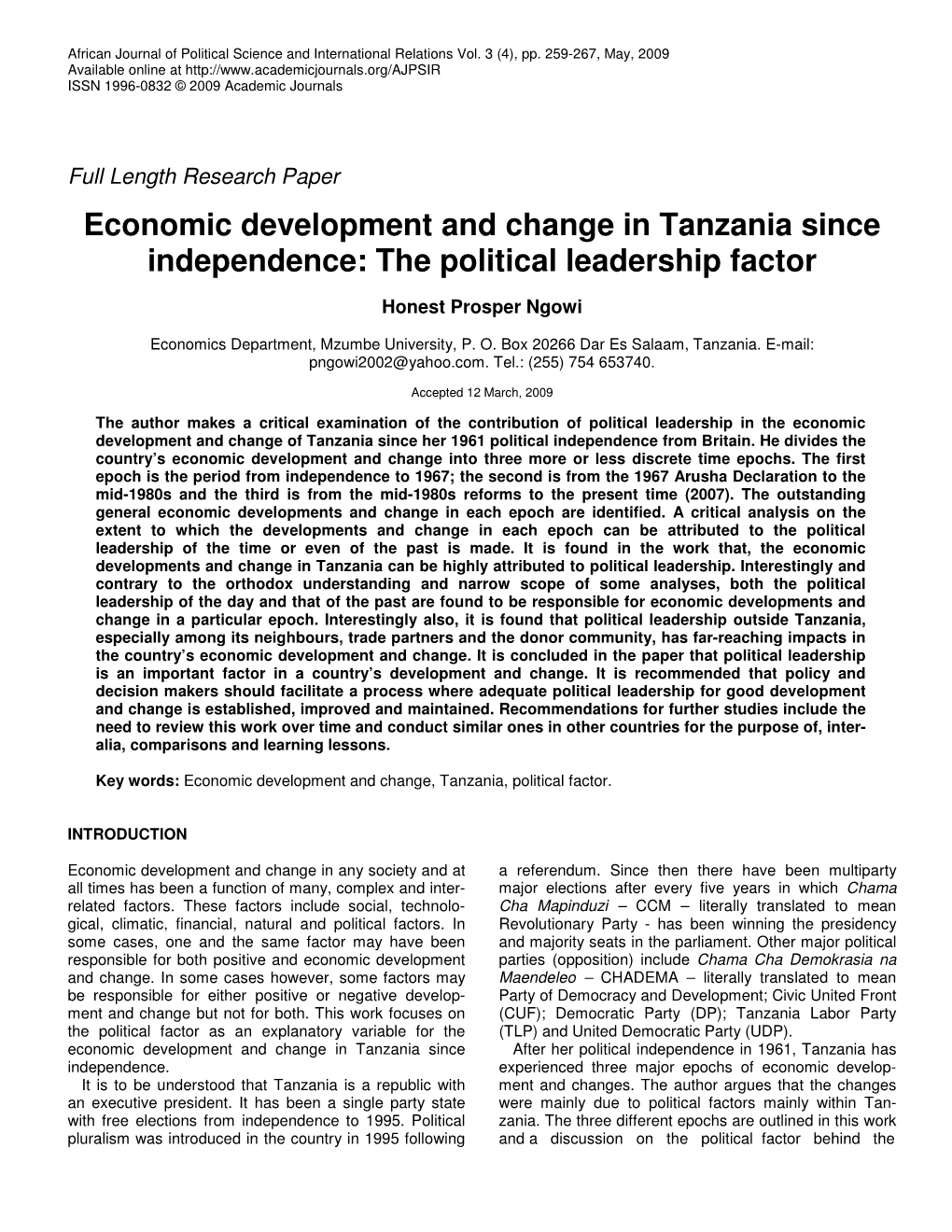 Economic Development and Change in Tanzania Since Independence: the Political Leadership Factor