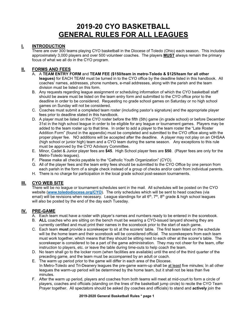 2019-20 Cyo Basketball General Rules for All Leagues