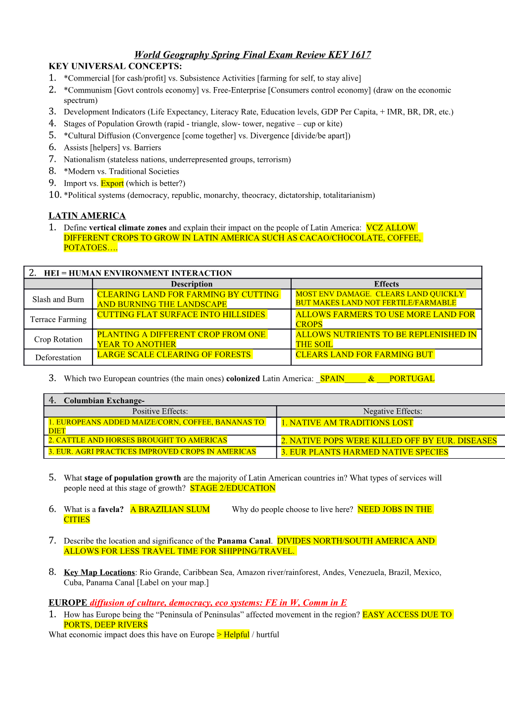 World Geography Spring Final Exam Review KEY 1617