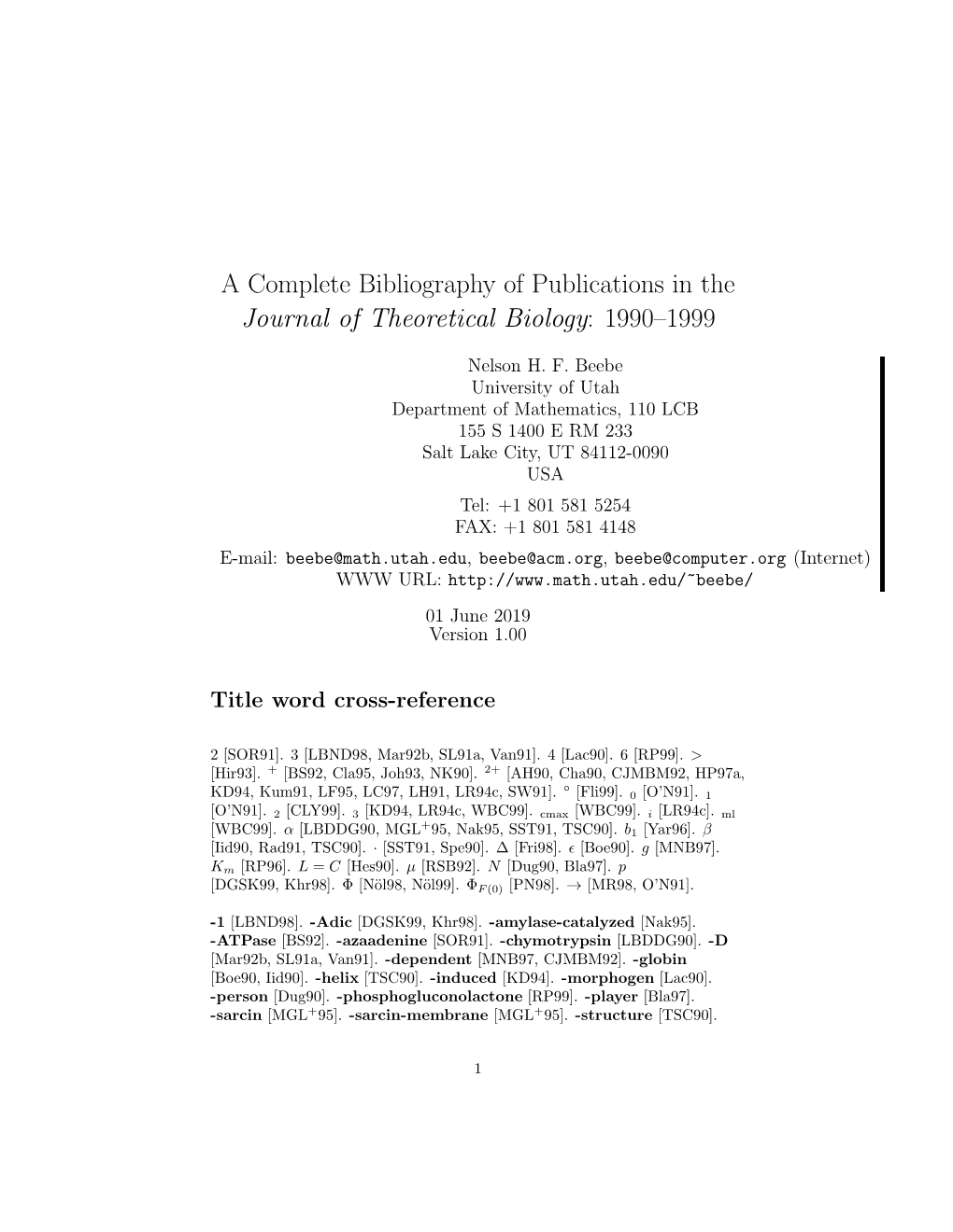 A Complete Bibliography of Publications in the Journal of Theoretical Biology: 1990–1999