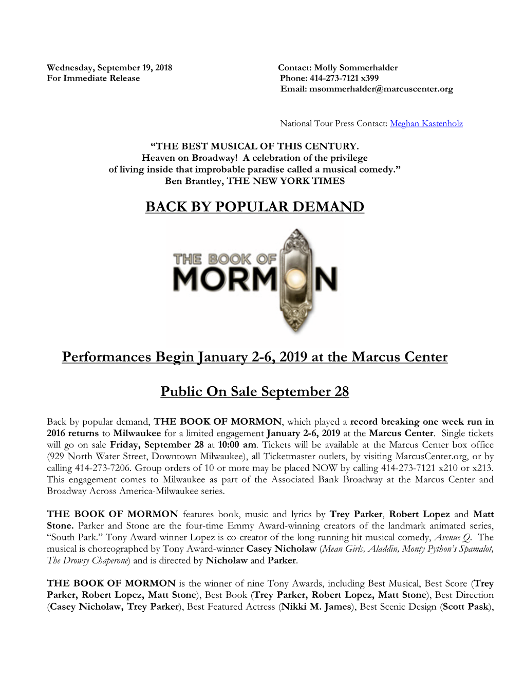 BACK by POPULAR DEMAND Performances Begin January 2-6