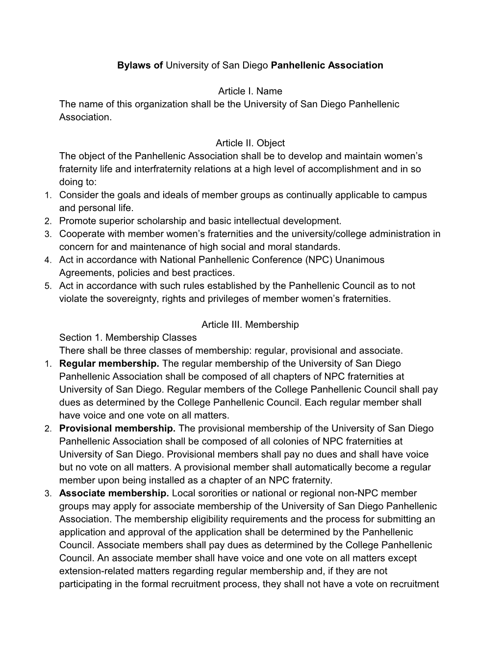 Bylaws of University of San Diego Panhellenic Association