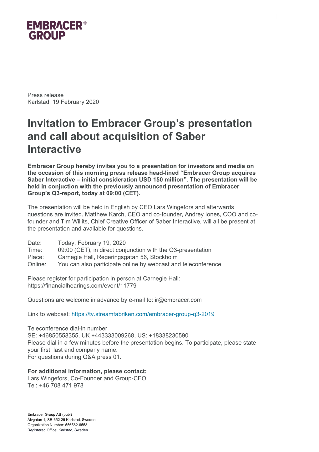 Invitation to Embracer Group's Presentation and Call About