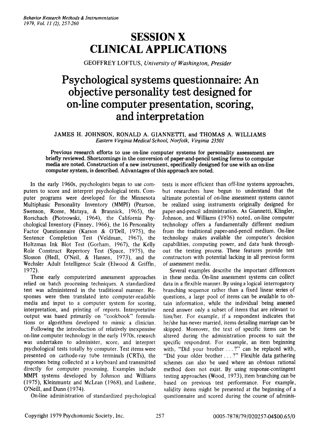 Psychological Systems Questionnaire: an Objective Personality Test Designed for On-Line Computer Presentation, Scoring, and Interpretation